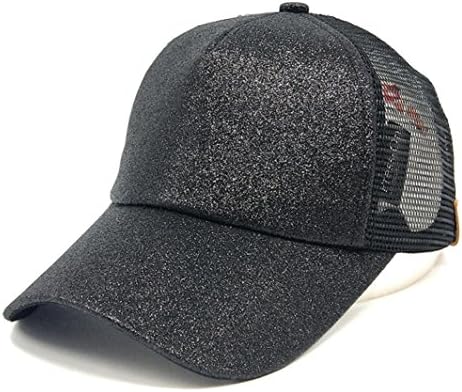 Invesfer Messy High Bun Ponytail Adjustable Mesh Trucker Sparkle Glitter Baseball Cap Hat (Black)