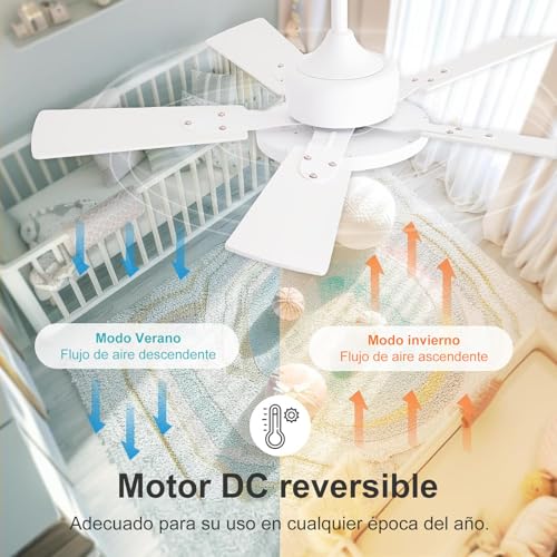 Ventilador de Techo con Luz LED, 52" Abanicos de Techo de 132 cm, Control Remoto, 6 Velocidades, Temporizador 1/4/8H para Recámara, Sala y Estudio, Blanco