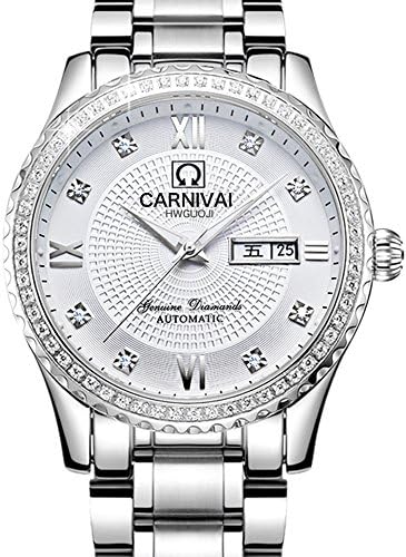 Mens 25 Jewels Automatic Watches With Mineral Mirror Calendar Diamonds And Luminous Watch White