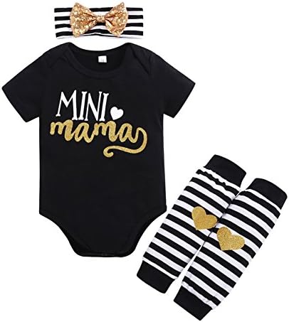 OUTGLE Newborn Baby Girl Black Romper + Leg Warmer + Bow Headband Clothing Set Summer Outfits (0-3 Months)