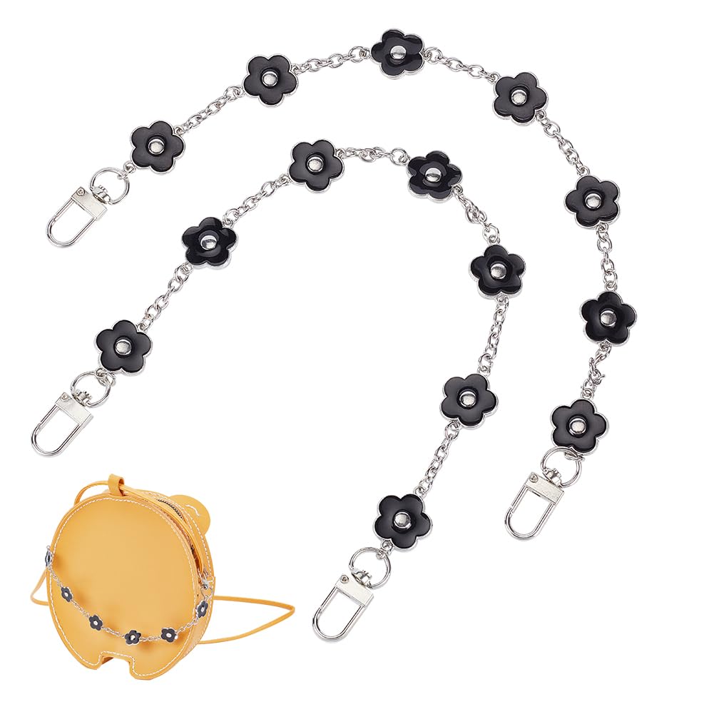 PH PandaHall Purse Extender, 2pcs 14 Inch Decorative Bag Strap Silver Alloy Bag Chain Strap with Black Enamel Flower Replacement Accessory Bag Chain Straps Charms for Women Crossbody Shoulder Bag