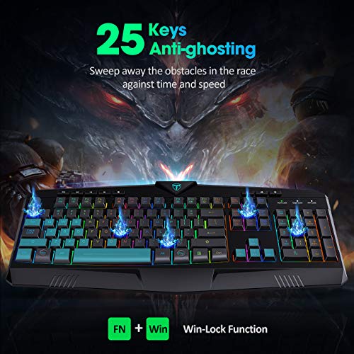 PICTEK RGB Gaming Keyboard USB Wired Keyboard, Crater Architecture Backlit Computer Keyboard with 8 Independent Multimedia Keys, 25 Keys Anti-ghosting, Splash-Proof, Ideal for PC/Mac Game, Black