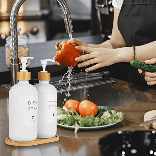 Glass Soap Dispenser with Bamboo Pumps and Tray, 2 Pack 16 Oz Dish and