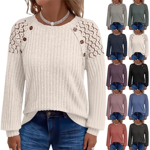 Ladies Jumpers Crewneck Long Sleeve Tops Tunic Tops with Button Hollow Out-Women's Round Neck Pullover Sweater Loungewear Women's Female Fall Winter Warm Soft Knitted Loose Pullover White