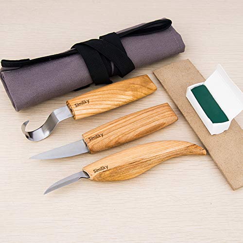 SIMILKY Wood carving tools knives for carving spoons bowls kuksa and cups -Tools Roll Leather Strop and Polishing Compound Hook Sloyd Detail Knife-Right-Handed