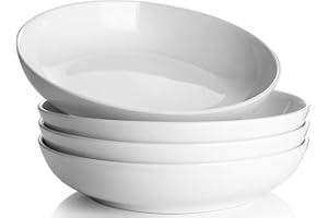 Y YHY Pasta Bowls 32oz, Ceramic Large Salad Serving Bowls, White Pasta Bowls Set, Shallow Soup Bowl Set of 4, Microwave & Dis