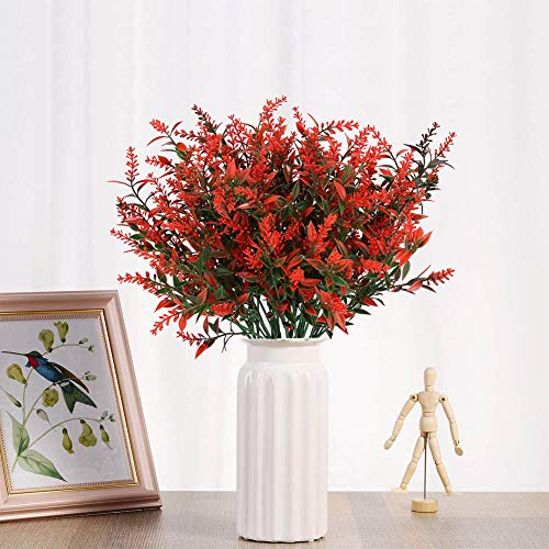 KLEMOO Artificial Lavender Flowers Plants 6 Pieces, Lifelike UV Resistant Fake Shrubs Greenery Bushes Bouquet to Brighten up Your Home Kitchen Garden Indoor Outdoor Decor(Orange Red) - Thumbnail 4
