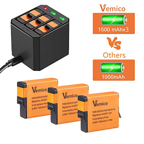Vemico Battery Gopro Hero 7/6/5 1500mah Replacement Batteries (3 Pack
