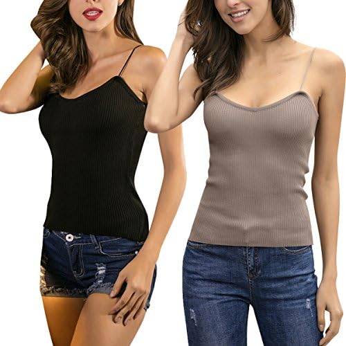 2-Pack Neudeli Fitted Tunic V Neck Tank Tops for Women Crop with Spaghetti Straps Black/Khaqi Free Size
