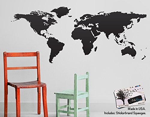 Stickerbrand World Map Wall Decal (Matte Black) 30in Tall X 75in Wide #131-30×75
