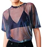 Farktop Women's Sexy Metallic Shimmer Mesh Tee Short Sleeve See Through Mesh Blouse Tops Tee Shirt