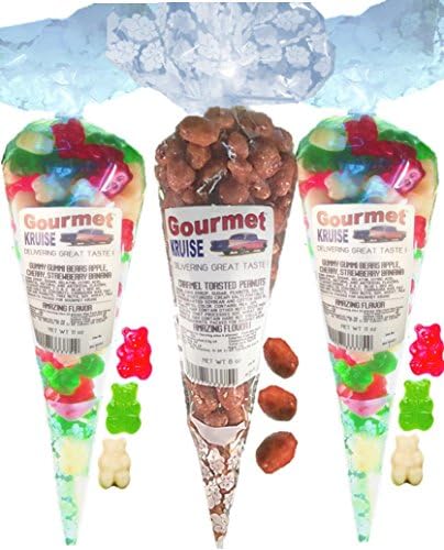 Green Red White Gummy (2) Apple Wild Cherry Strawberry Banana (1) Caramel Toasted Peanuts (NET WT 30 OZ) Gourmet Kruise Signature Gift Bags Gummi Go Nuts
