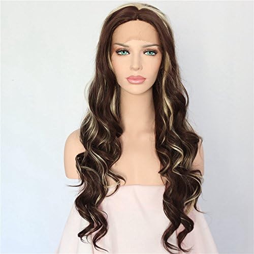 Udreamy Glueless Synthetic Lace Front Wig Hand Tied Ombre Brown To Light Blond Highlight Natural Long Wavy Hair High Temperature Fiber Wigs For Black Women