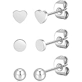 BLISI 3 Pairs Titanium Gold Stud Earrings - Hypoallergenic Moon/Heart/Ball/Bar/Flat Disc Small Studs Earrings for Women Minimalist Silver Nap Earrings Tarnish Resistant Earrings