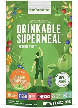 Meal Replacement Nutritional Shake by Ambronite - GINGER &amp; APPLE - High Fiber Superfood &amp; Protein Drink for Healthy Weight Loss - All Natural Smoothie Mix for Men &amp; Women - 1.4 oz, 165 cal, Pack of 30