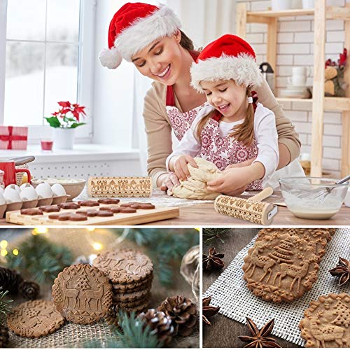 Koogel Christmas Pastry Roller with Handle, Winter Theme Roller Non-Stick Wooden Rolling Pin with Patterns Plus 5PCS Cookie Molds for Christmas Parties Family Parties Winter Theme Bakery Pastry