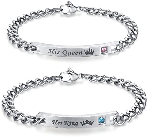 Roone His and Hers Matching Set Titanium Stainless Steel His Queen Her King Couple Bracelet with Zircon (1 Pair)