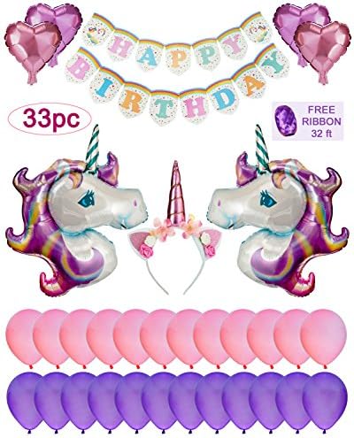 Unicorn Birthday Balloons - Unicorn Party Supplies Kit for Girls - Perfect Theme Party Decorations Set for Kids - Huge Helium Unicorn Balloons and Happy Birthday Banner for Magical Unicorn Party