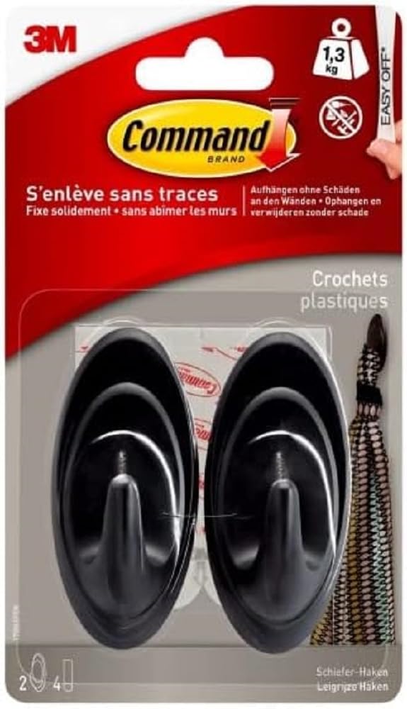 Command Coat Hook Charcoal Water Resistant Tabs, 1 Large Hook 2 Tabs, 3.4 kg