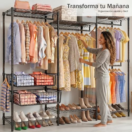 Perchero de Metal para Ropa con 2 Cestas Almacenamiento Deslizantes, Closet Armables de Ropa Multifunción, Perchero de Pie Carga de 400KG, 174 * 43.5 * 195cm, Negro