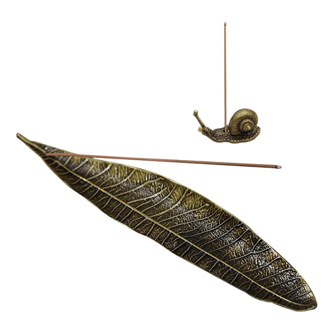 Incense Burner Set -Leaf And Snail Incense Holder, Incense Ash Catcher Natural Design Incense Sticks Holder For Counters/Living Room/Meditation Room/Yoga/Home/Office (Bronze)