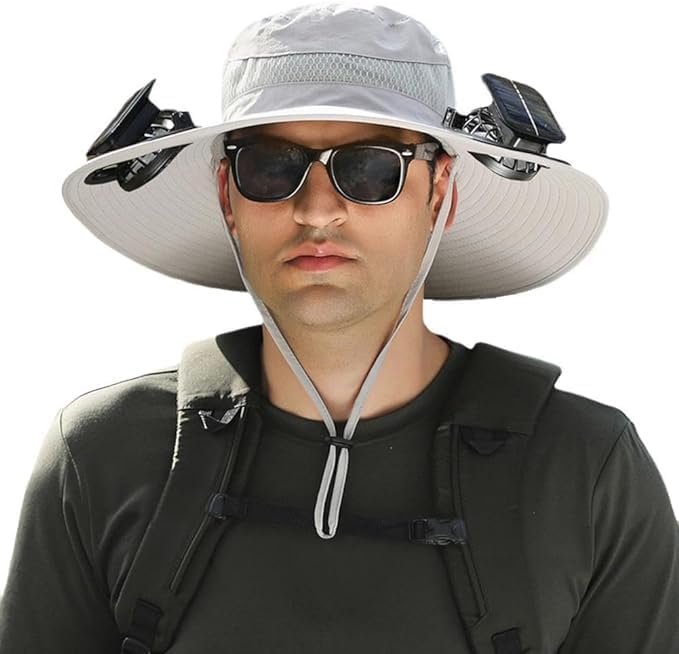 Solar Fan Sun Hat Wide Brim Hat Outdoor Wide Brim Sun Hat with 2 Solar Fan Fishing Hat, Hat UPF 50+, Removable & USB Charging