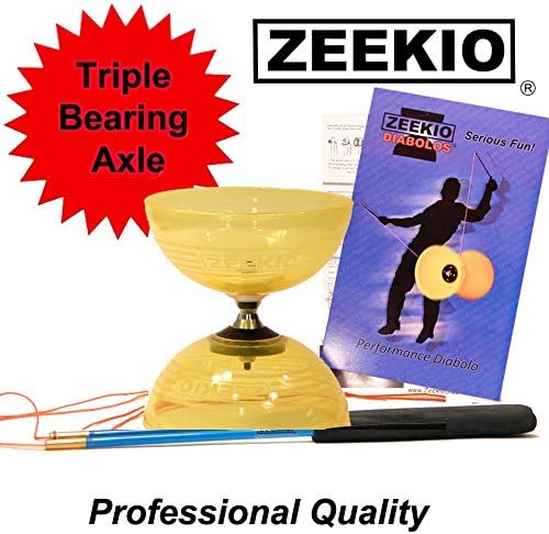 Zeekio Crystal Series Master Spin Diabolo - Triple Bearing, Fiberglass Sticks and String - Yellow