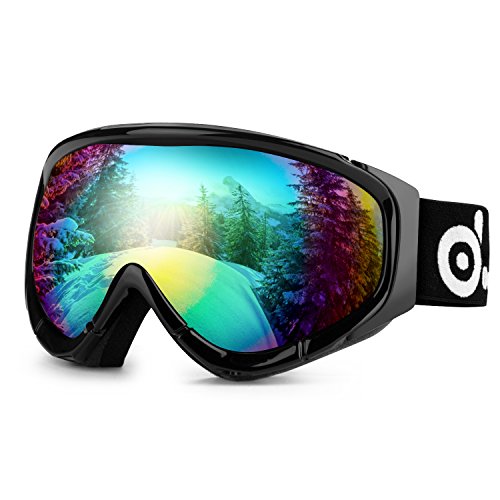 Odoland Ski Goggles for Adult Man & Woman- UV400 Protection and Anti-Fog - Double Grey Spherical Lens for Sunny and Cloudy Days (Black)