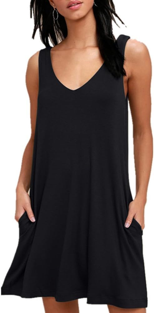 BISHUIGEWomen Summer Casual V Neck Beach Cover up Bikini Swimsuit Tank Dress