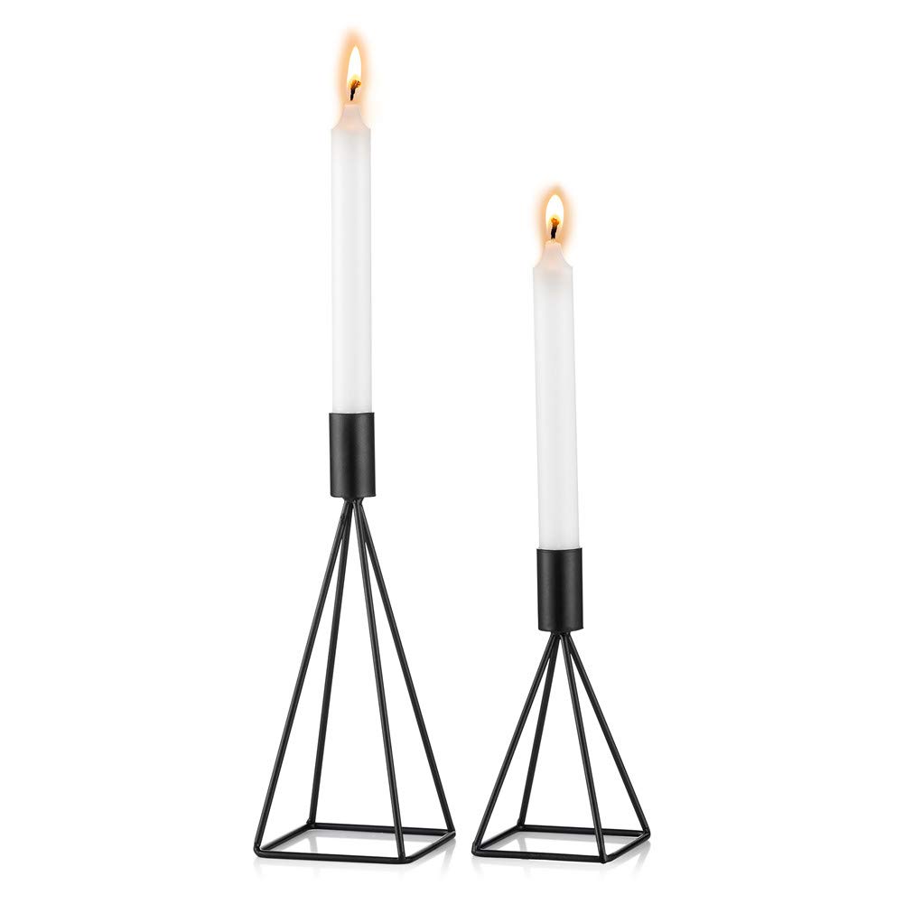 Sziqiqi Metal Taper Candle Holders Set of 2, Black, Geometric Wire Modern Decorative Centerpiece Candle Candlestick Holders for Table, S + L