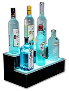 Blue light shelf with bottles on top