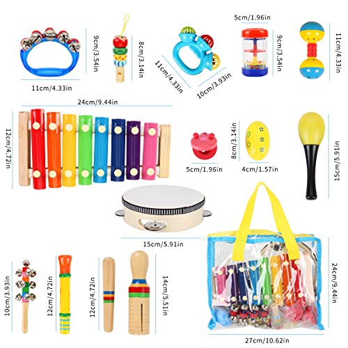Kids Musical Instruments, ShinePick Musical Instruments Toys Set for Toddler, 20Pcs Wooden Percussion Instruments Tambourine Maracas Harmonica for Boys & Girls with Carry Bag