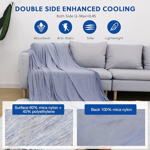HOMFINE Cooling Blanket for Adults Summer - Japanese Cooling Fibre Q-Max>0.45, Double Sided Cooling Blanket for Bed Sofa Travel Blue 200 x 220 cm