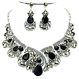 Black Gray Rhinestone Crystal Statement Silver Chain Necklace Earrings Set Affordable Wedding Jewelry