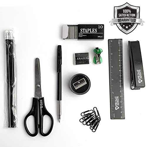 Rotating Black Desk Organizer for Office Supplies | Includes Pencils, Eraser, Pen, Scissors, Pencil Sharpener, Ruler, Stapler, Staples, Staples Remover and Paper Clips