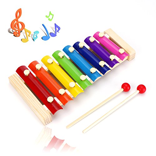 USATDD Natural Wooden Toddler Xylophone Glockenspiel for Kids with Multi-Colored Metal Bars Included Two Set of Child-Safe Wooden Mallets