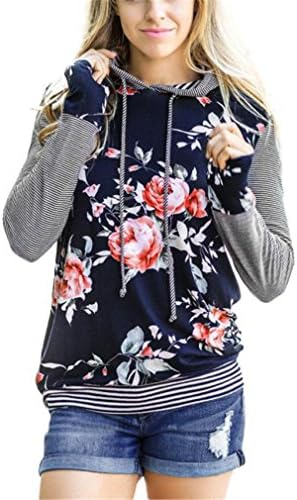 Yamimi Floral Striped Long Sleeve Shirt Loose Blouse Sweatshot Hoodies Tracksuit Blue M