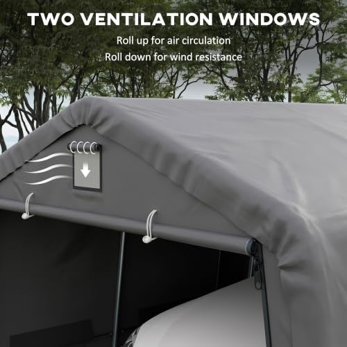 Outsunny 12 x 20 ft Heavy Duty Carport, Outdoor Portable Garage Canopy Tent with 2 Ventilation Windows, Large Door, Car Shed Shelter for Truck, Boat, Motorcycle, Bike, Light Grey