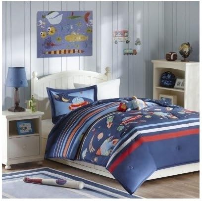 Modern Kids Boys Comforter Bedding Set Space Blue Orange with a Pillow (Twin) Includes Scented Candle Tarts