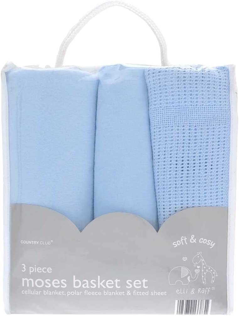 B4E Baby Moses Basket Set | Set of Cellular Blanket, Polar Fleece Blanket and Fitted Sheet | Newborn Baby Gifts and Nursery Decor | Assorted Colours (Blue)