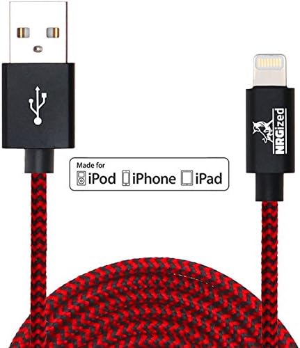 NRGized Premium 3ft Nylon Braided USB Cable with Lightning Connector [Apple MFi Certified] for iPhone 6s Plus / 6 Plus, iPad Pro, Air 2, iPod Nano, and More (Red Stripe)