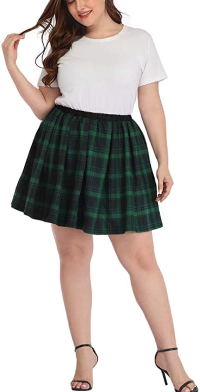 Plus Size Pleated Skirts for Women, Plaid School Girl Lingerie Mini Skirt, Elastic Japan Uniform