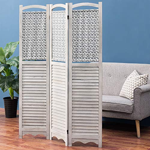 MyGift 3Panel Louvered Rustic Gray on White Room Divider with Wood