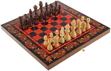 16" Russian Wood Backgammon Checkers Chess 3 in 1 Game Set "Khokhloma"