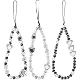 BEAMARKER 3Pcs 3 Styles Black Cute Phone Charms Beaded Phone Strap Handmade Lampwork Acrylic Beaded Mobile Bracelet Straps Accessories Heart for Stationery Purse Decoration Keychain Women