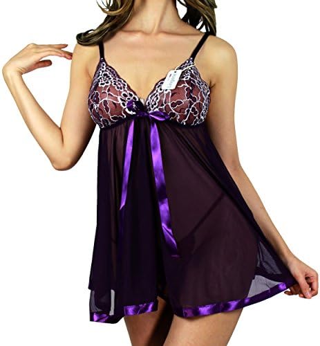 Agegg Women's Transparent Sleepwear Sexy Pretty Lingerie Lace Splicing Dress with T-back
