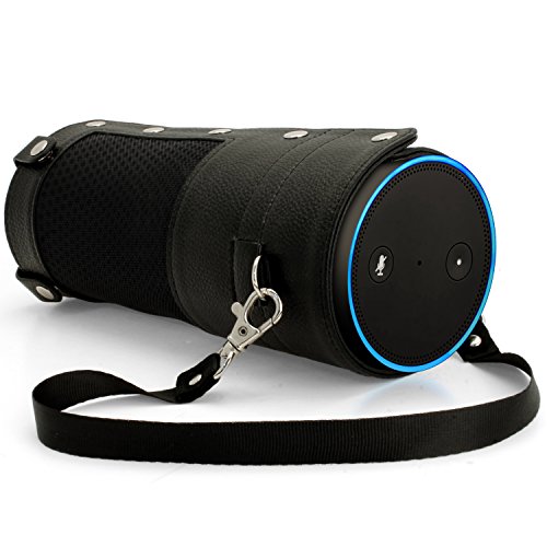 iGadgitz Black PU Leather Travel Carry Case Sleeve for Amazon Echo with Removable Strap