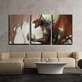 3 Piece Canvas Wall Art - Illustration of Mythology Creature, Dragon - Modern Home Art Stretched and Framed Ready to Hang - 16"x24"x3 Panels