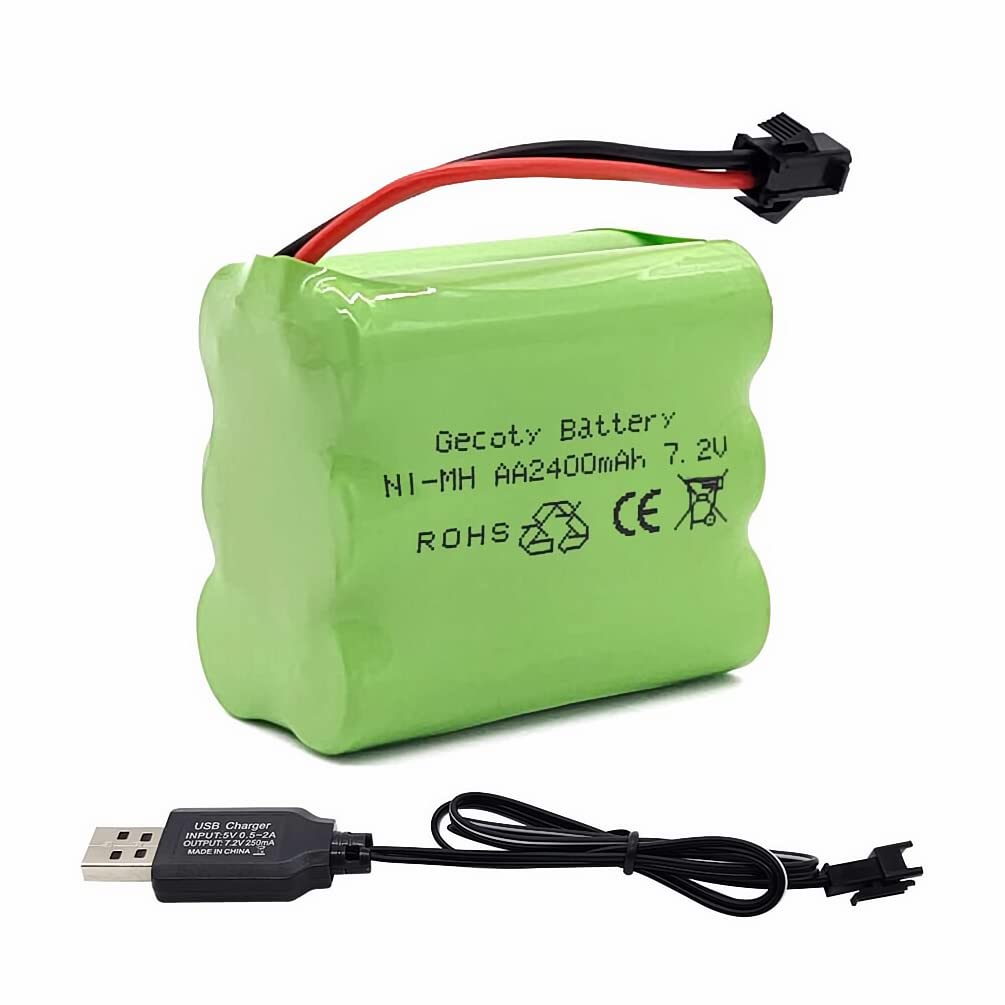 Gecoty® 7.2V Ni-MH Battery Pack, 2400mAh Rechargeable AA Battery with SM 2P Connector and USB Charge Cable for RC Truck RC Tank RC Boat RC Robot