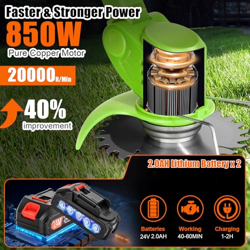 Electric Weed Wacker Cordless with Wheels,24V Electric Weed Eater 3-in-1 Grass Trimmer/Brush Cutter/Edger, 2pcs Batteries&3 Types Blades, Lightweight, Low Noise for Thick Weeds&Yard Garden